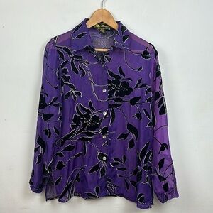 Mirasol Purple Velvet Burnout Button Up Sheer Shirt Sz M